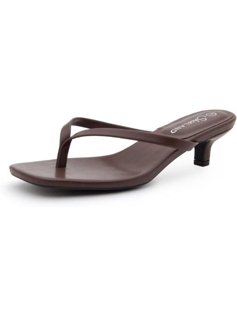 Women's Brown Kitten Heels Square Open Toe Flip Flop Heels 1.75 Inch Low Heeled